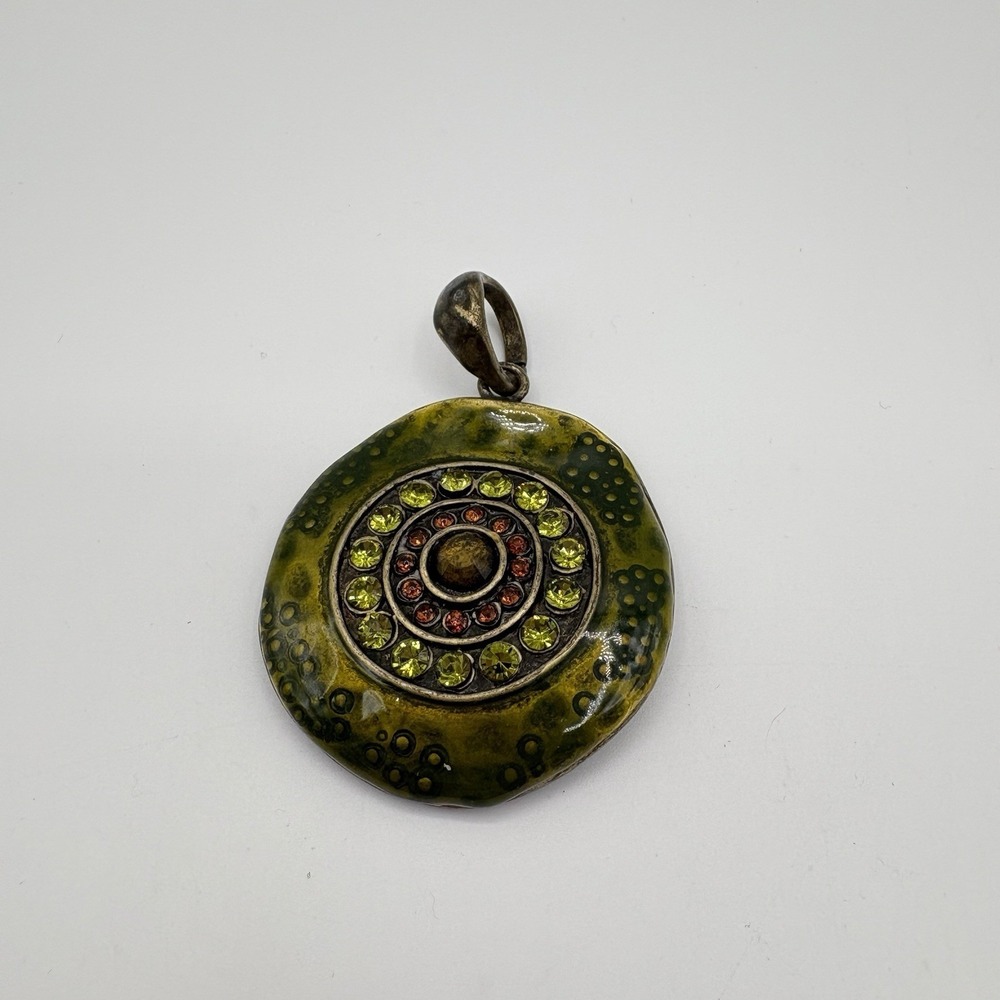 Boho Vintage Style Pendant Green Amber Rhinestone Enamel Circle Artisan Jewelry